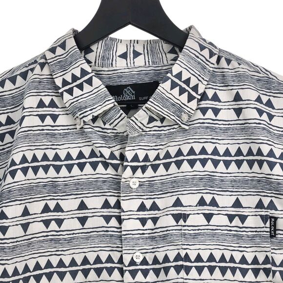 Molokai Surf Co Button Shirt Large Geo Print Hawaiian Tribal Cotton Blend Beach - Picture 2 of 11
